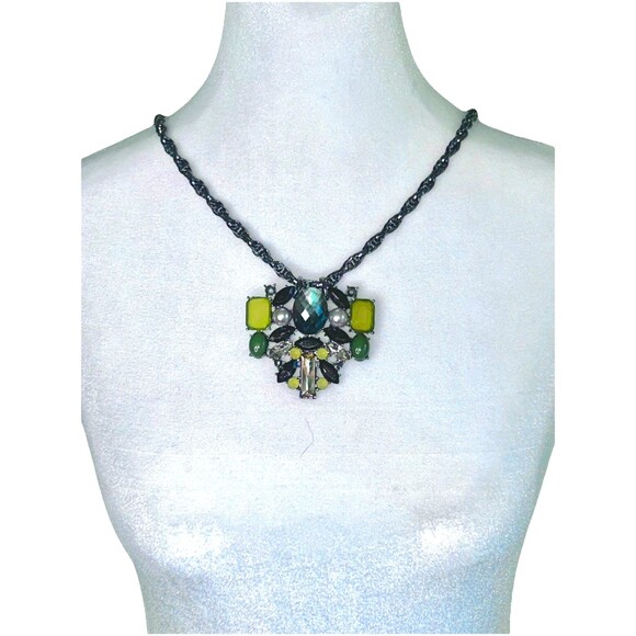 Chicos Statement Necklace Green Yellow Crystal Pendant Gray 42" Jewelry - Picture 1 of 5